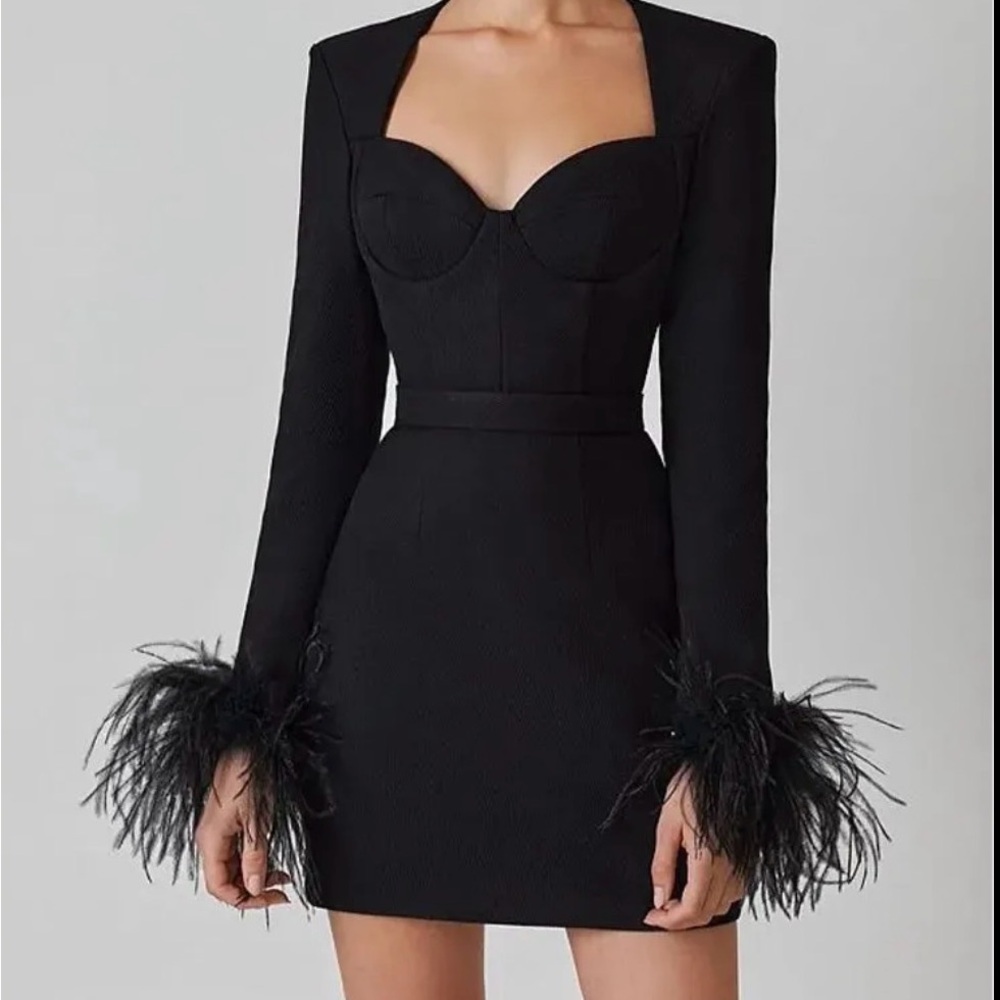 NWT Catchall Bandage Mini Cocktail Dress‎ Sz S Black Feather Sleeve Trim Party